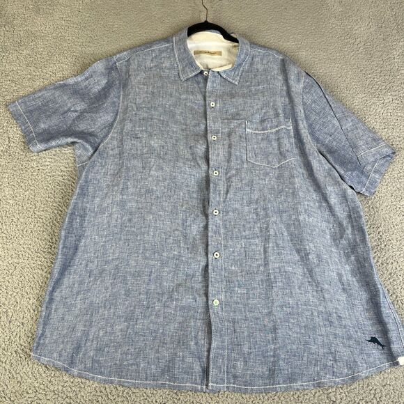 Tommy Bahama Linen Shirt Mens  XXL Blue Chambray Short Sleeve Button Up Pocket - Picture 1 of 12